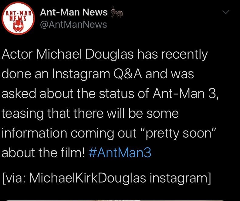 Michael Douglas teases information about Ant-Man 3 and asks fans to "hang tight". Tweeted by Ant-Man news.